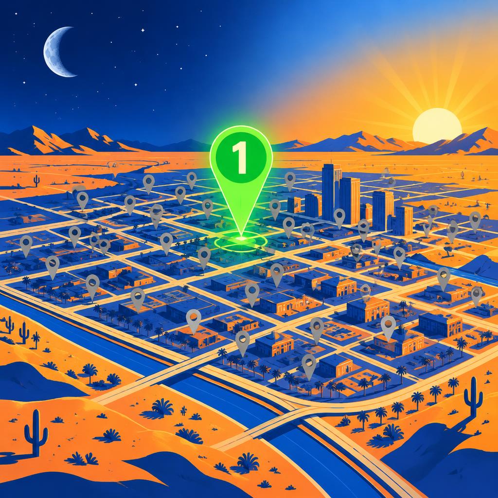 Desert city map with a glowing number 1 pin rising above the rest