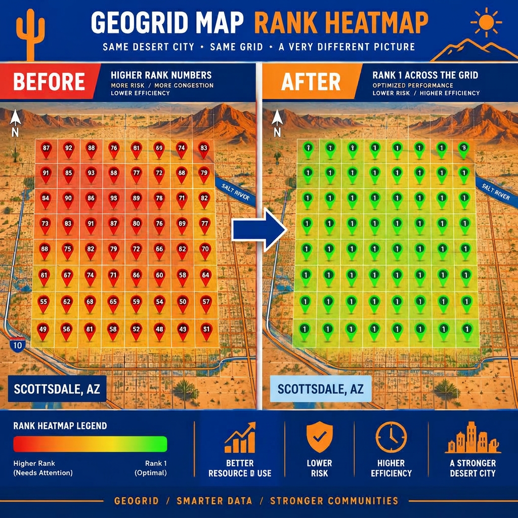 Before and after geogrid heatmap of Scottsdale going from red to green