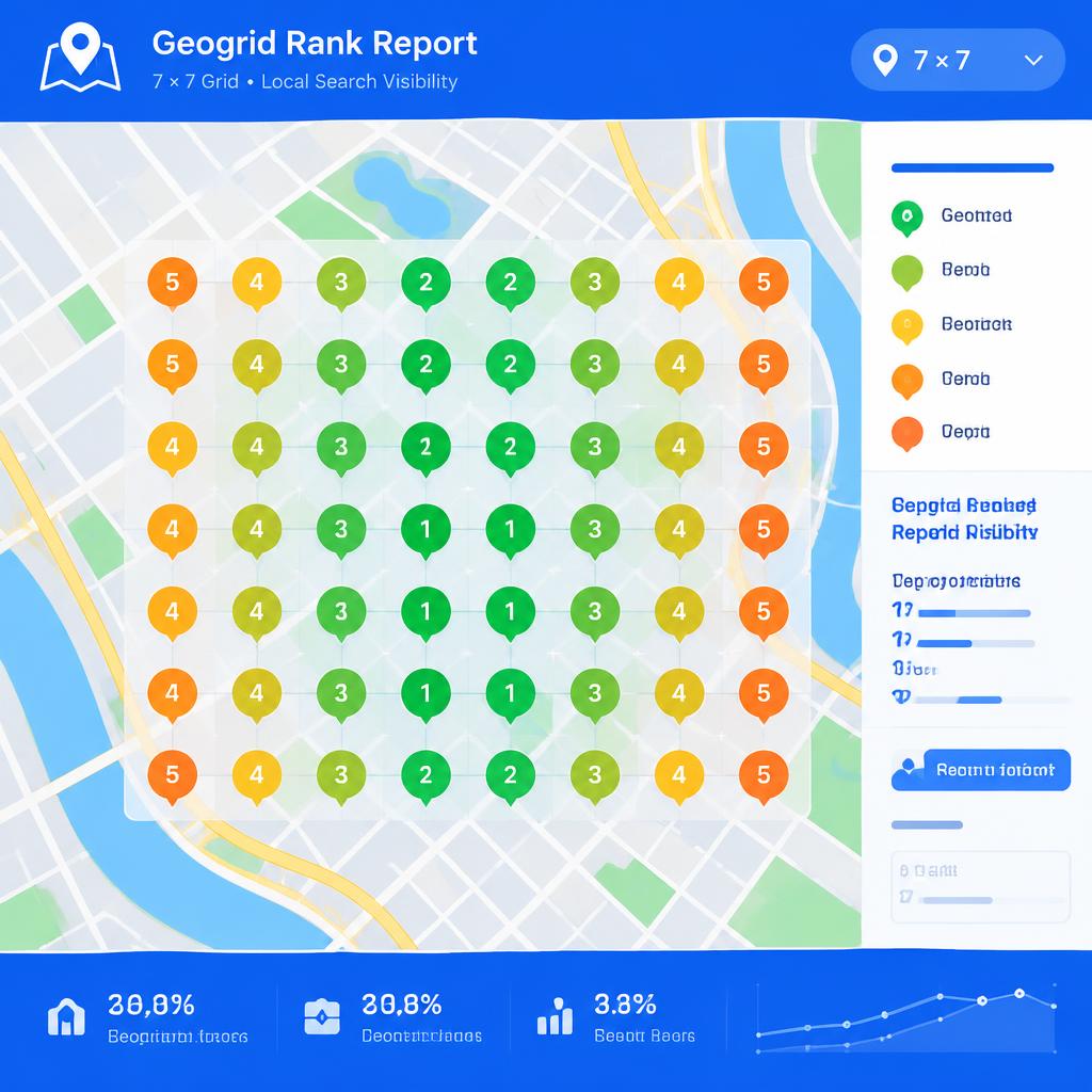 Geogrid rank report showing green number 1 pins across a city map