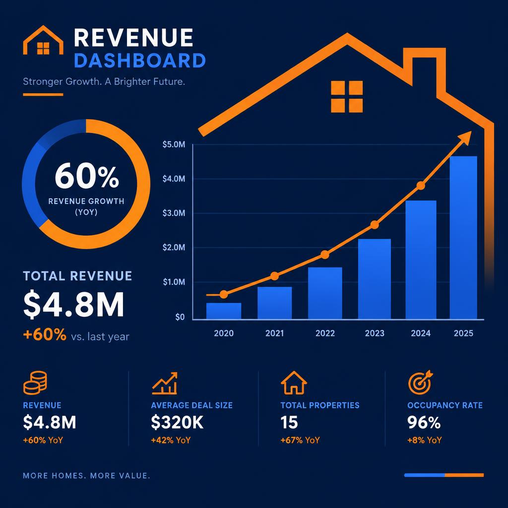 Revenue chart climbing over a roof outline with a 60 percent ring