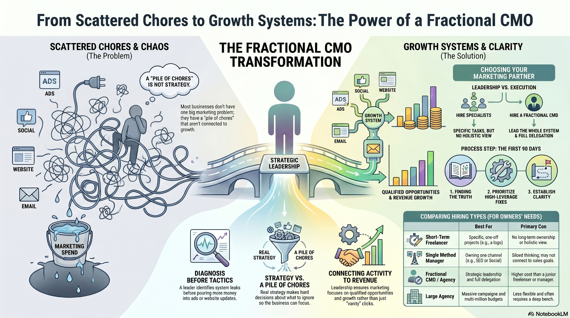 Infographic showing the transformation from scattered marketing chores and chaos to a focused growth system led by a fractional CMO