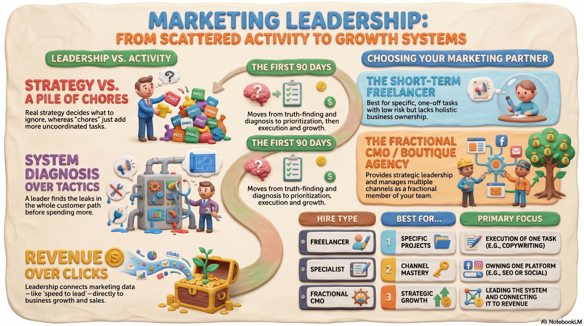 Infographic comparing freelancer, specialist, and fractional CMO hire types and how marketing leadership turns scattered activity into a growth system